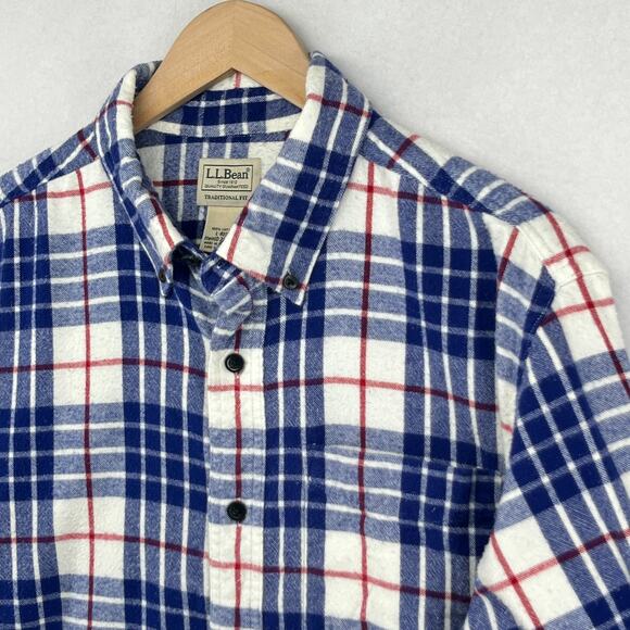 LL BEAN Shirt Men L Scotch Plaid Flannel Traditional Fit Button Down Cotton Blue - Picture 1 of 13